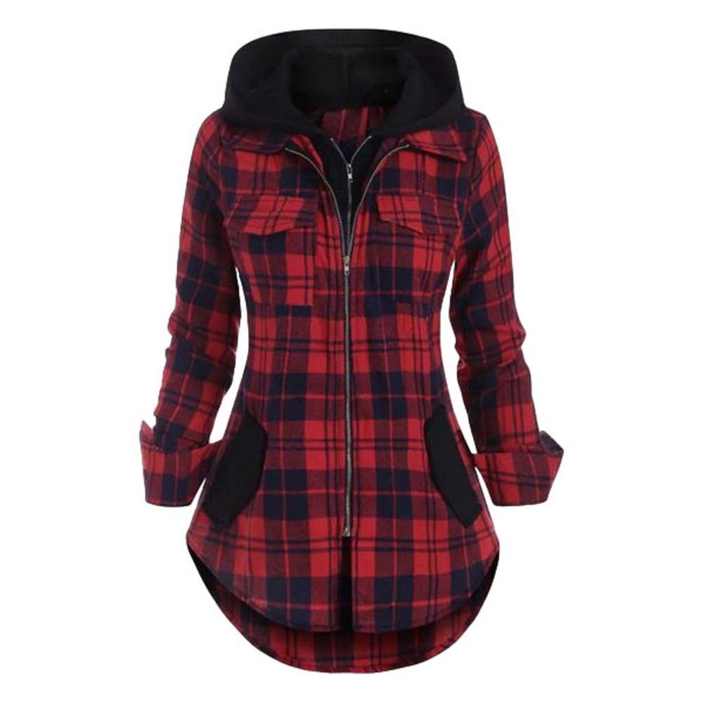 Camisa Red & Navy Plaid Curved-Hem Zip-Up Size XL